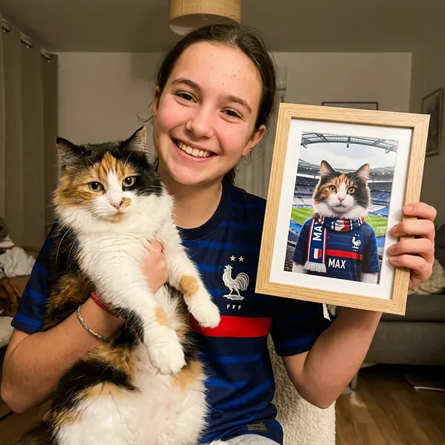 Jeune fille en maillot des Bleus tenant son chat calicot Max et le portrait encadré du chat en supporter de foot