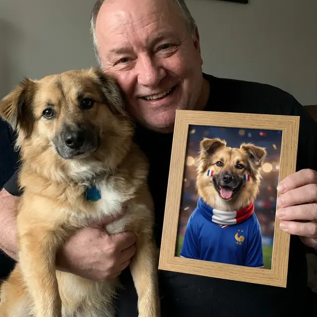 Homme souriant avec son chien berger croisé et le portrait stylisé du chien en supporter de l'équipe de France
