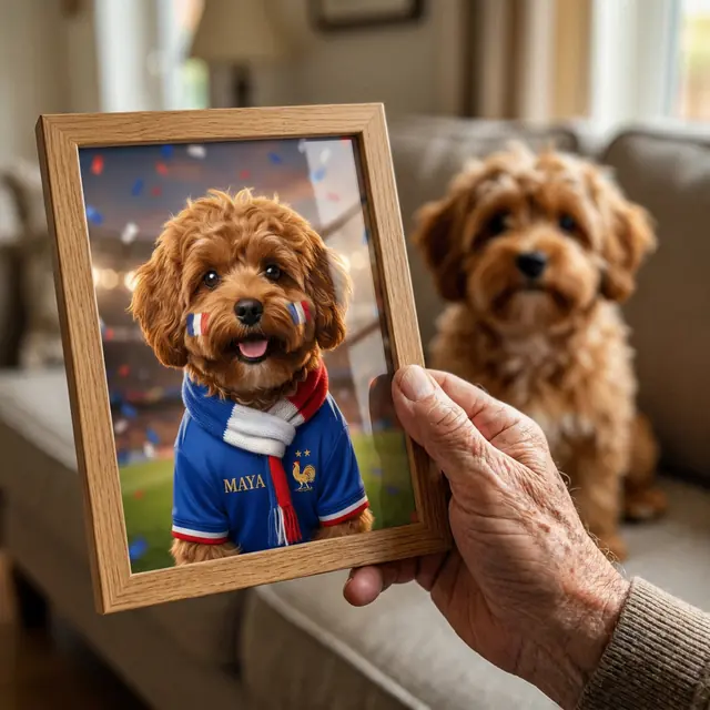Homme âgé tenant un cadre bois du portrait de son cavapoo Maya en maillot bleu, avec le vrai chien flou derrière