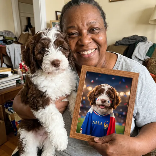 Femme souriante tenant son chiot labradoodle Nala et son portrait personnalisé en supporter de foot