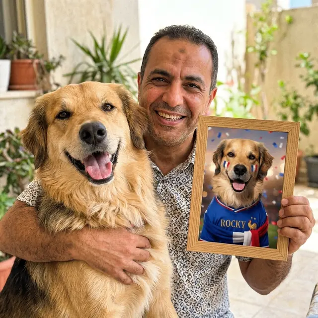 Homme souriant en terrasse posant avec son golden et un portrait personnalisé du chien en maillot des Bleus